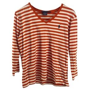 Ralph Lauren Sport Womens Stripe Shirt L Orange 100% Cotton V Neck Preppy Rugby